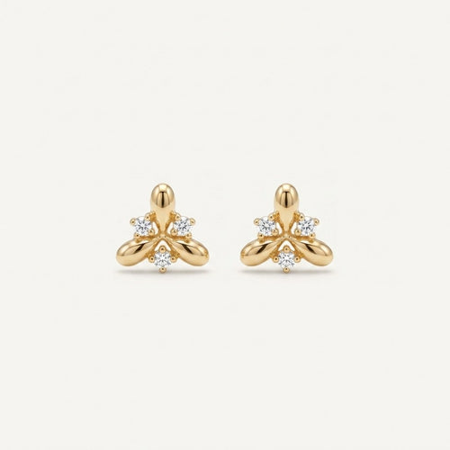 14K solid gold crystal bee stud earrings on a warm ivory background