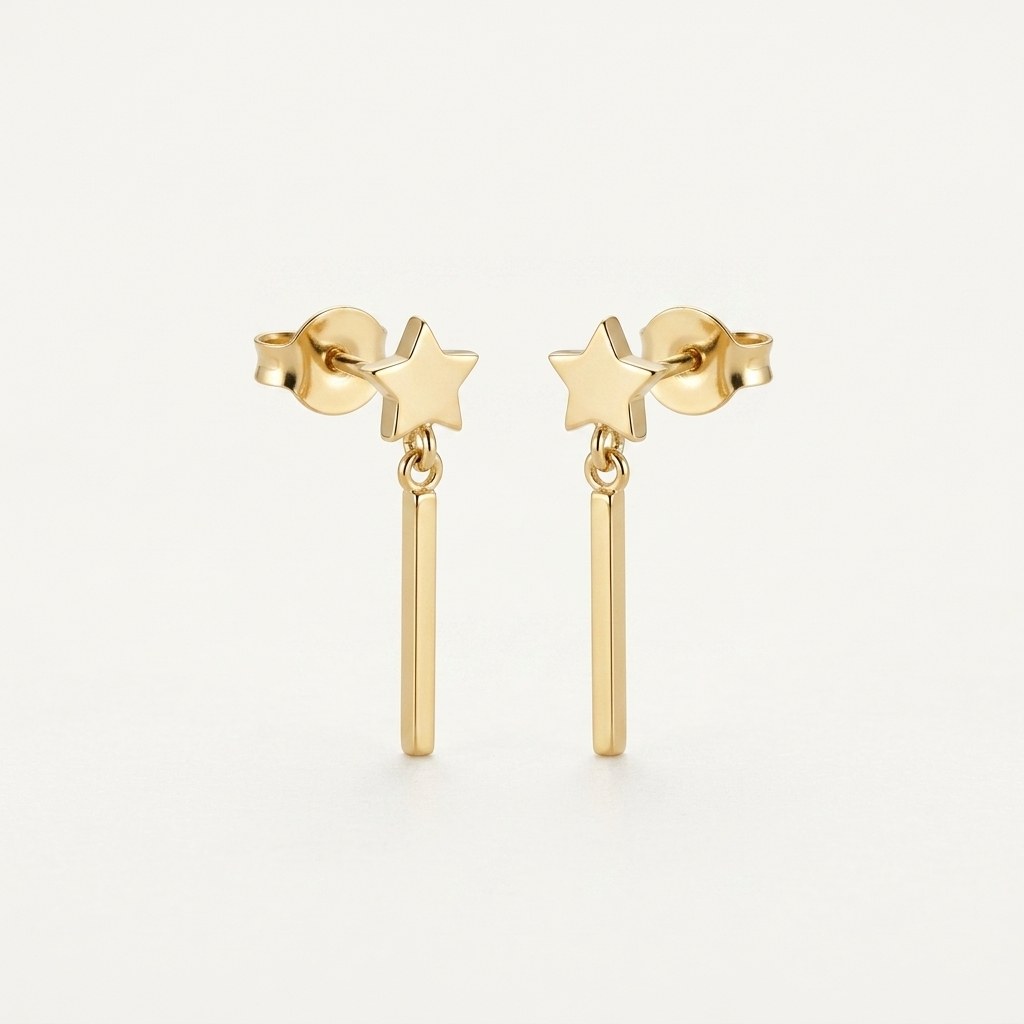 14K solid gold star bar drop stud earrings on a warm ivory background