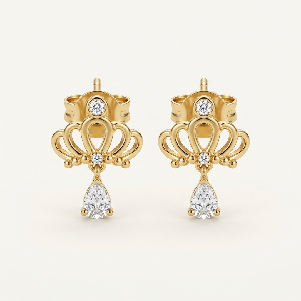 14K solid gold ornate teardrop drop stud earrings on a warm ivory background