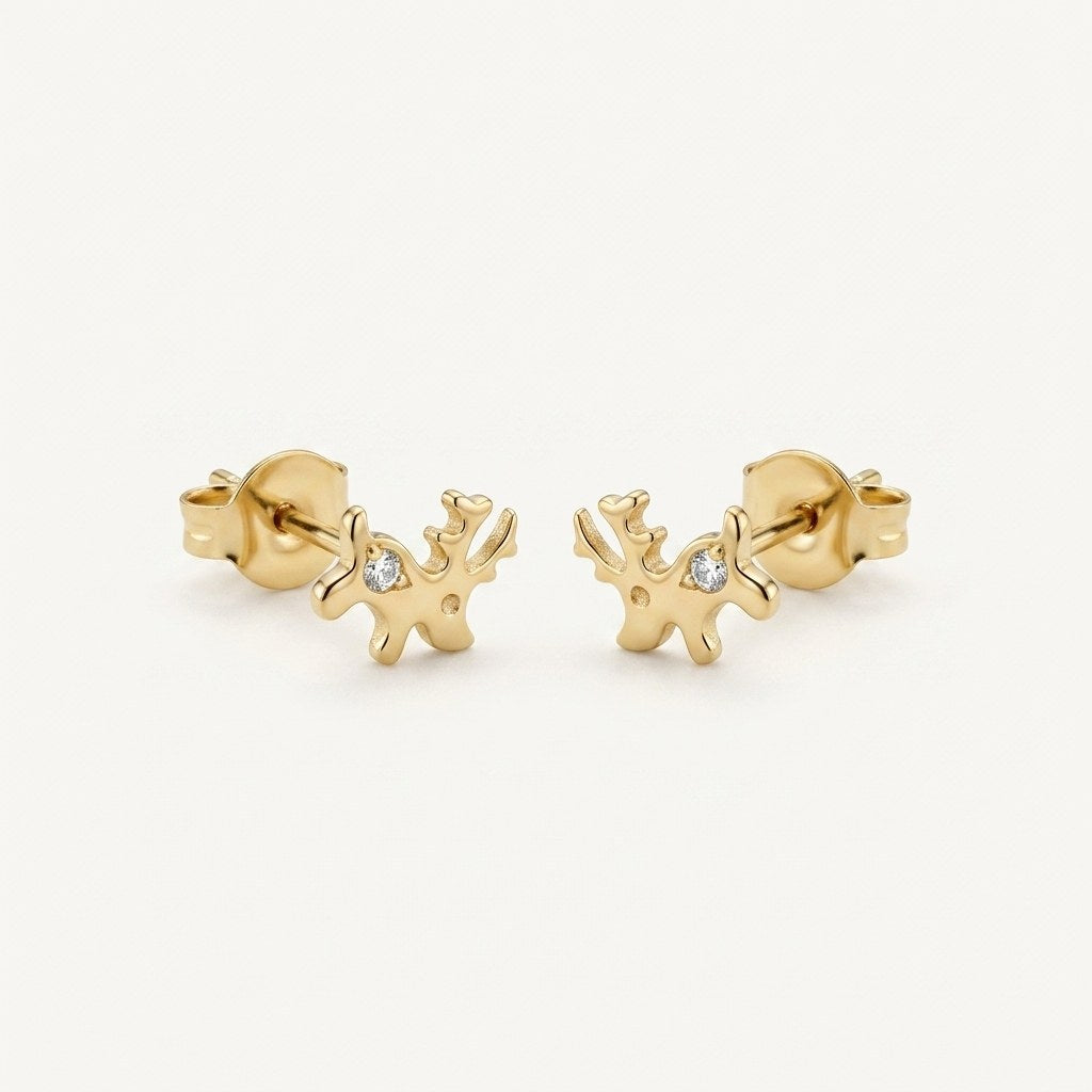 14K solid gold petite antler stud earrings on a warm ivory background
