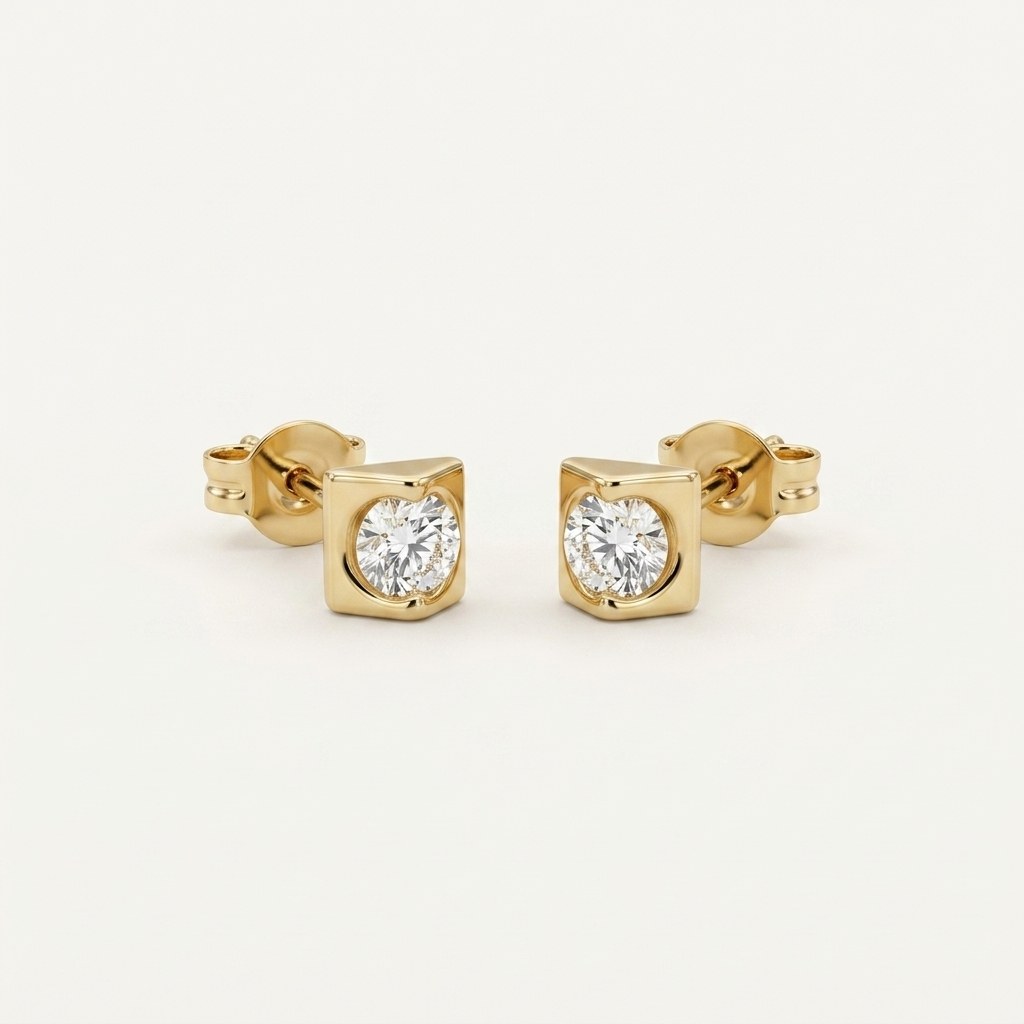 14K solid gold square bezel stud earrings on a warm ivory background