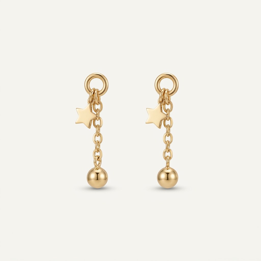14K solid gold chain drop stud earrings on a warm ivory background