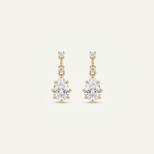 14K solid gold stone-set stud earrings on a warm ivory background