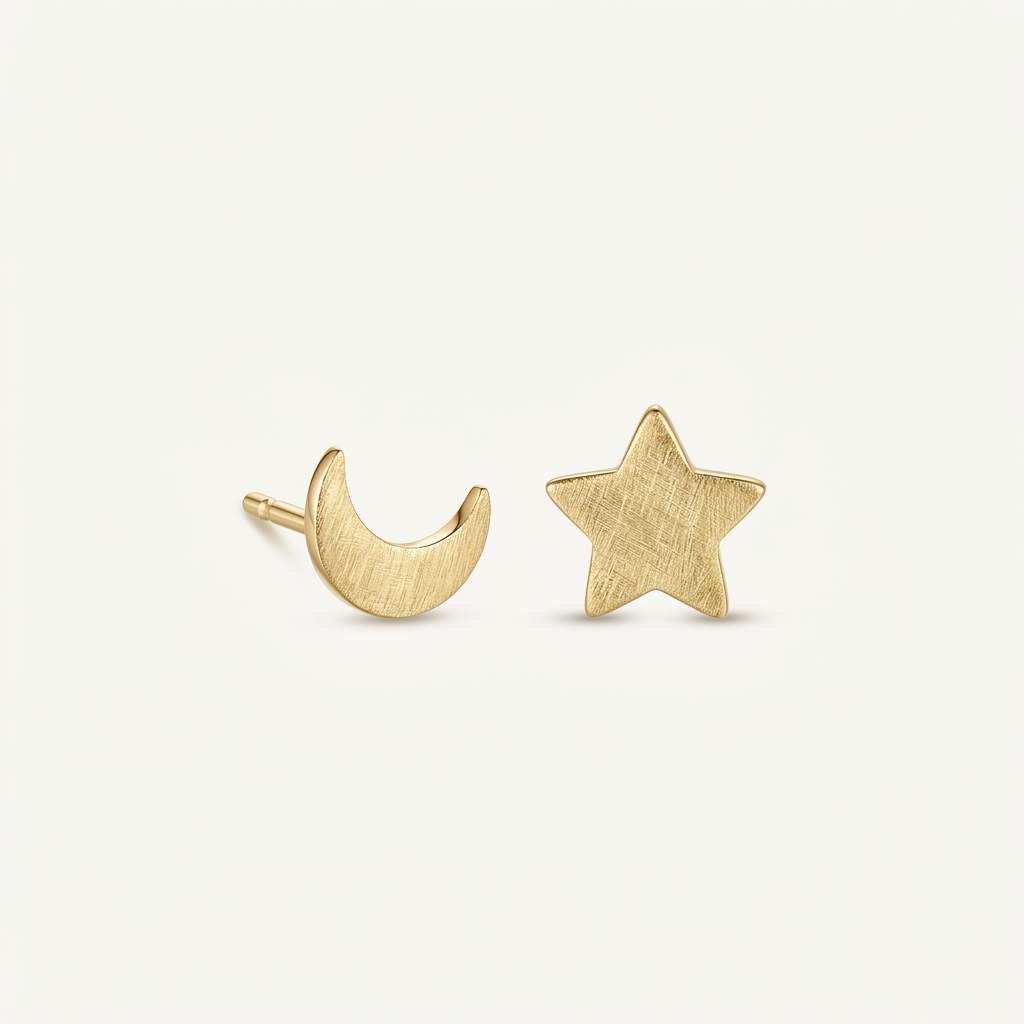 14K solid gold moon star stud earrings on a warm ivory background