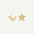 14K solid gold moon star stud earrings on a warm ivory background