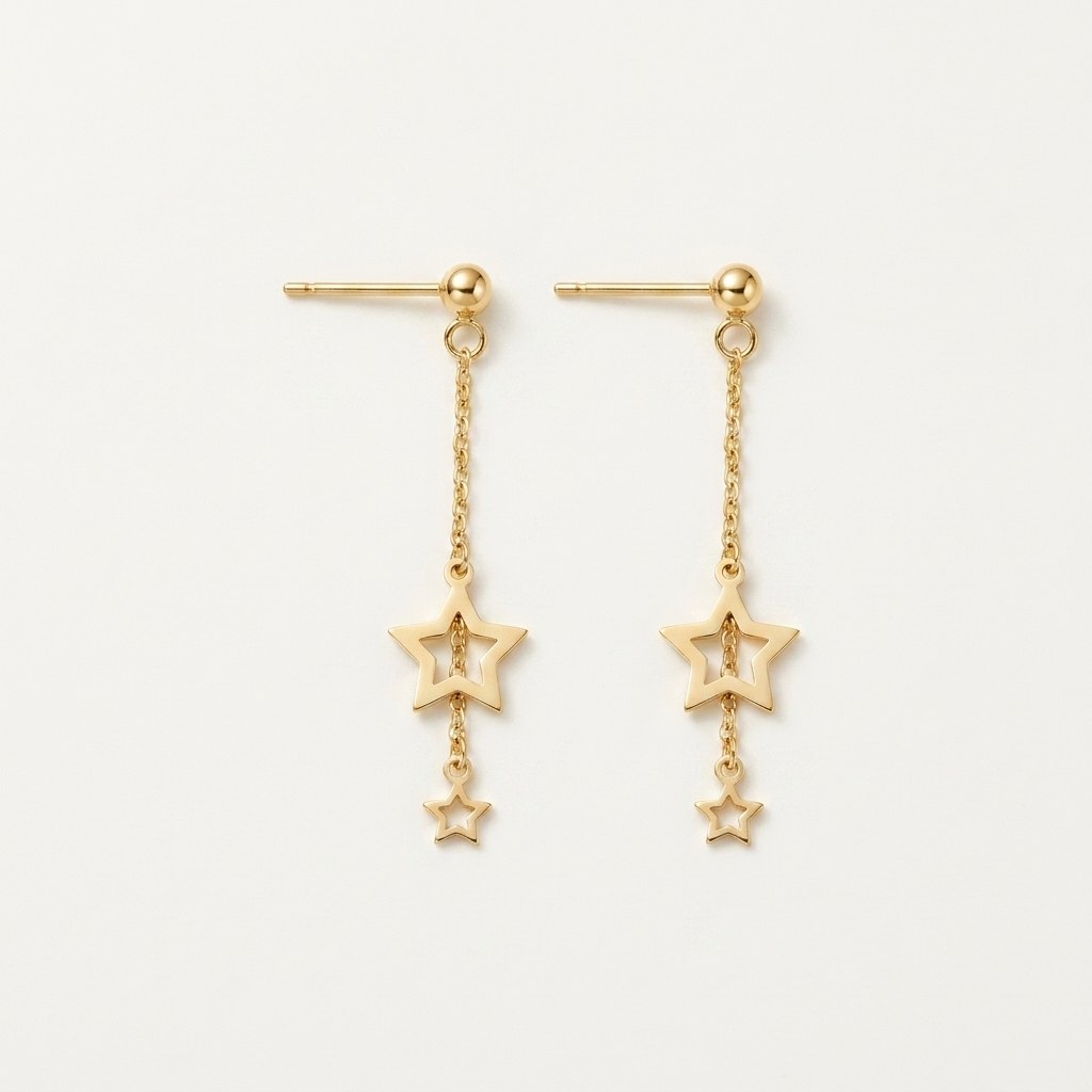 14K solid gold double star stud earrings on a warm ivory background