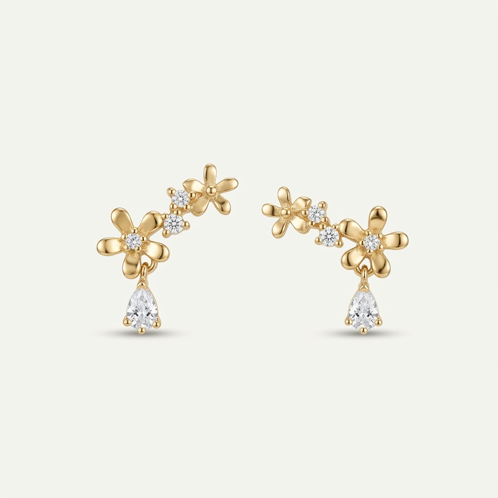 14K solid gold flower branch drop stud earrings on a warm ivory background