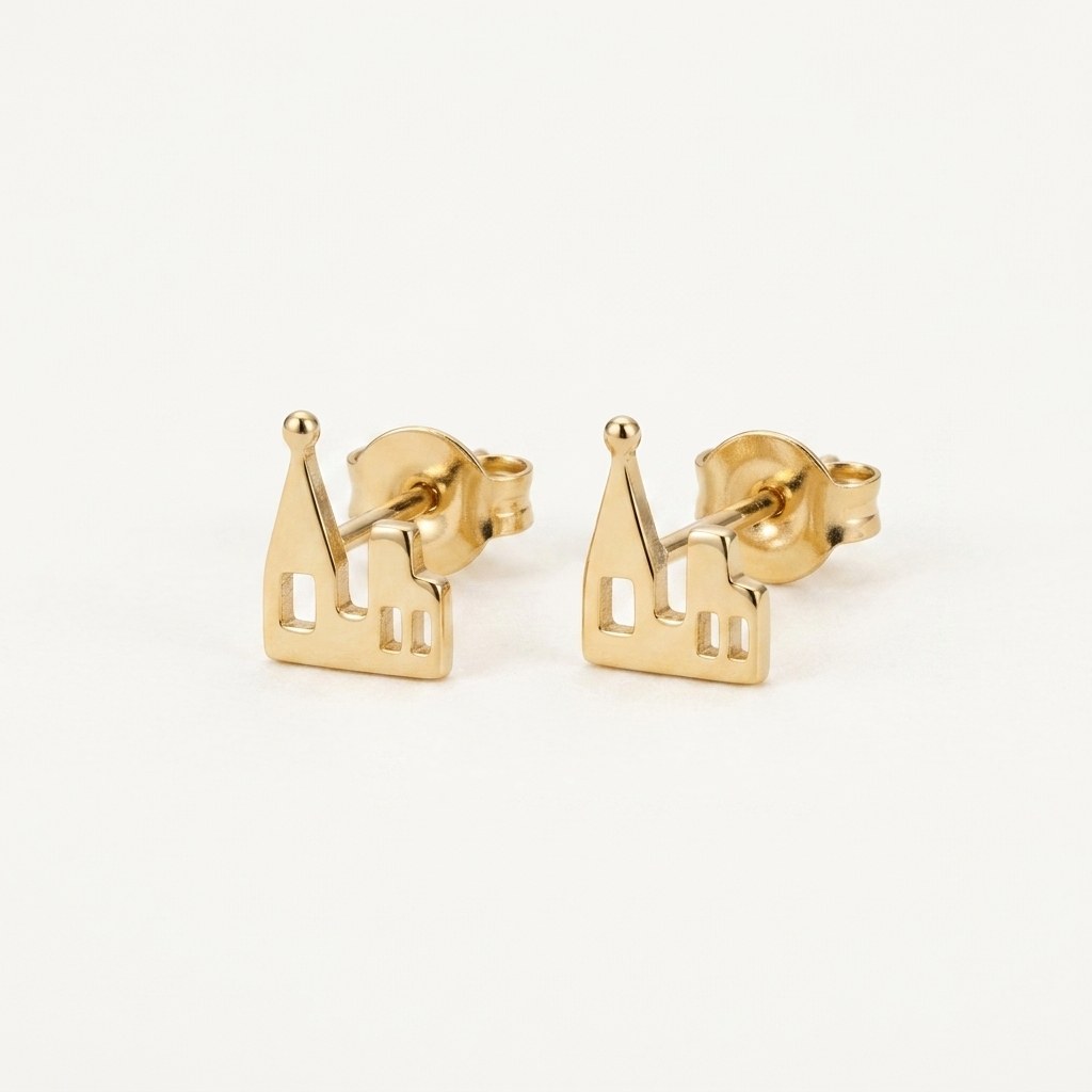 14K solid gold city skyline stud earrings on a warm ivory background