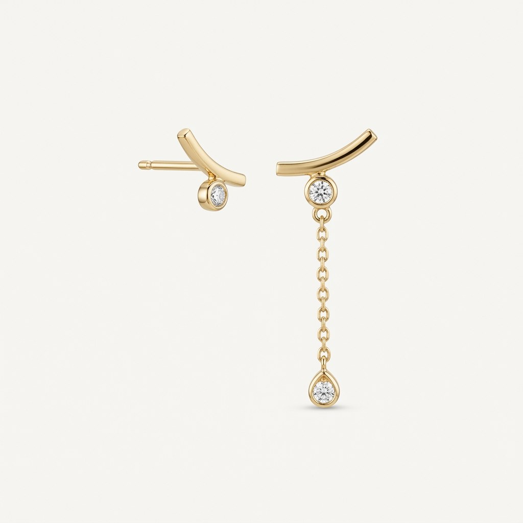14K solid gold curved bar chain drop earrings on a warm ivory background