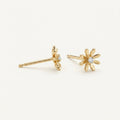 14K solid gold open daisy stud earrings on a warm ivory background