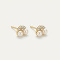 14K solid gold pearl crystal cluster stud earrings on a warm ivory background