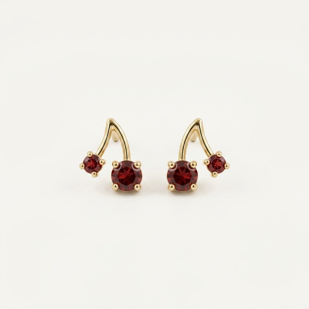 14K solid gold ruby cherry stud earrings on a warm ivory background