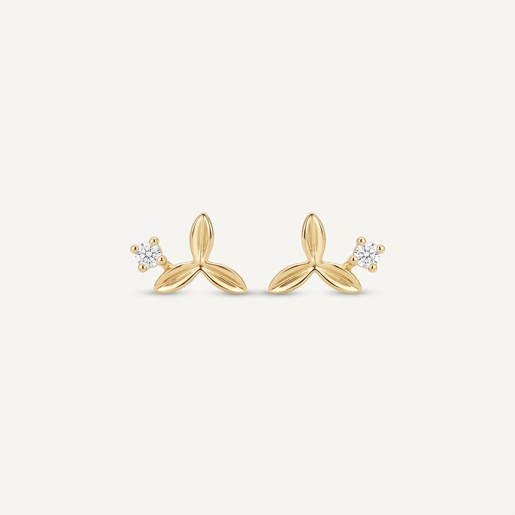 14K solid gold stone-set stud earrings on a warm ivory background