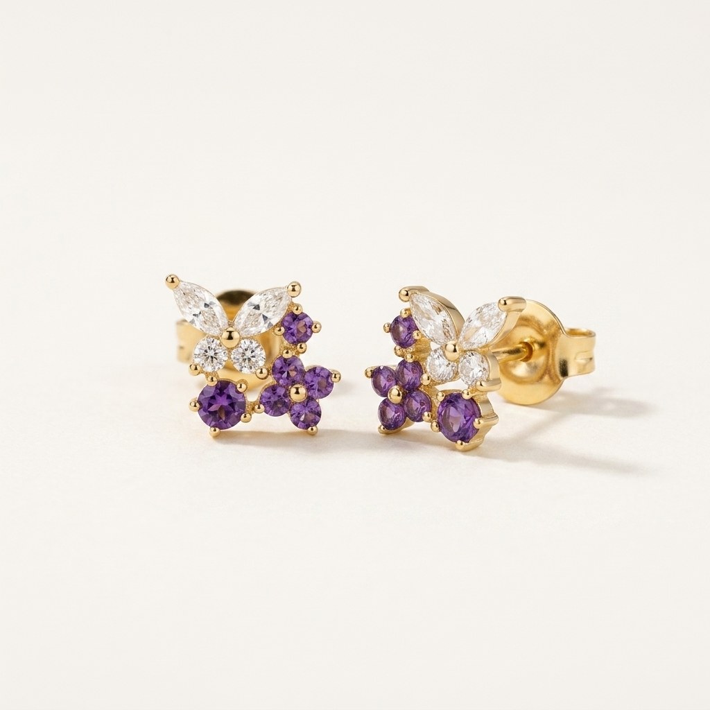 14K solid gold purple butterfly stud earrings on a warm ivory background