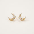 14K solid gold pearl crescent cluster stud earrings on a warm ivory background