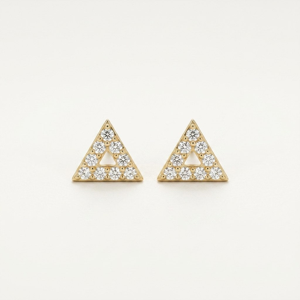 14K solid gold pearl triangle stud earrings on a warm ivory background