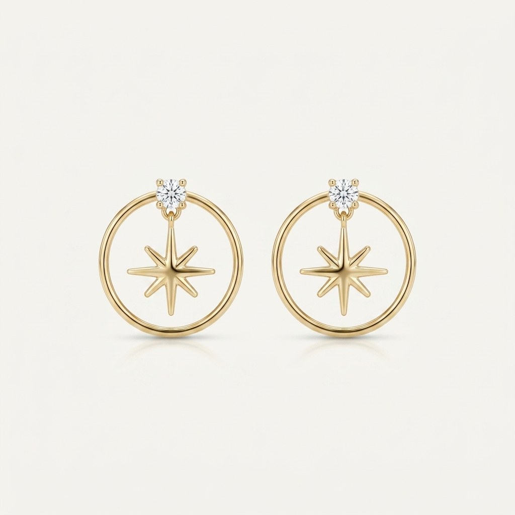 14K solid gold star circle drop stud earrings on a warm ivory background