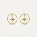 14K solid gold star circle drop stud earrings on a warm ivory background