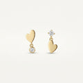 14K solid gold double heart drop stud earrings on a warm ivory background