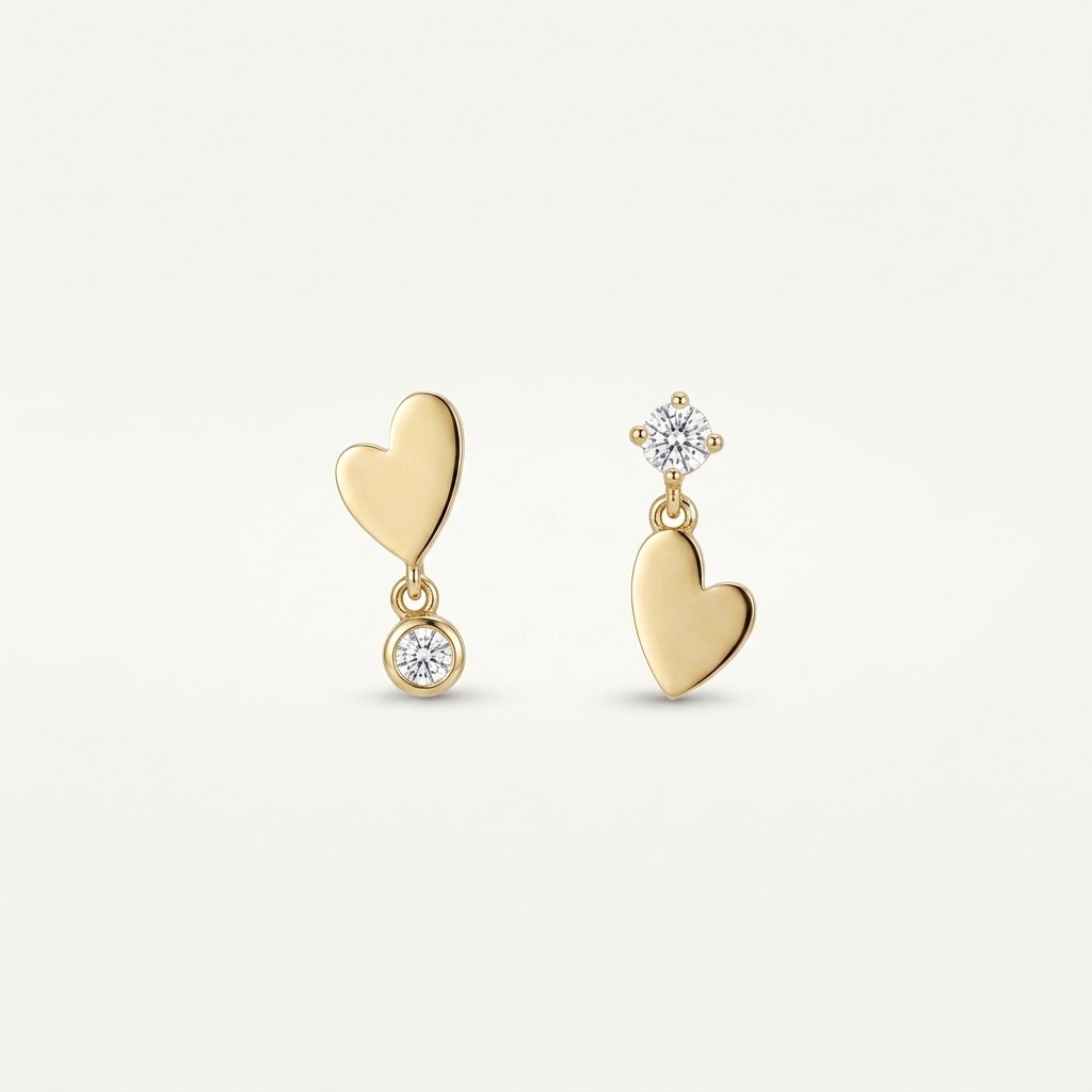 14K solid gold double heart drop stud earrings on a warm ivory background