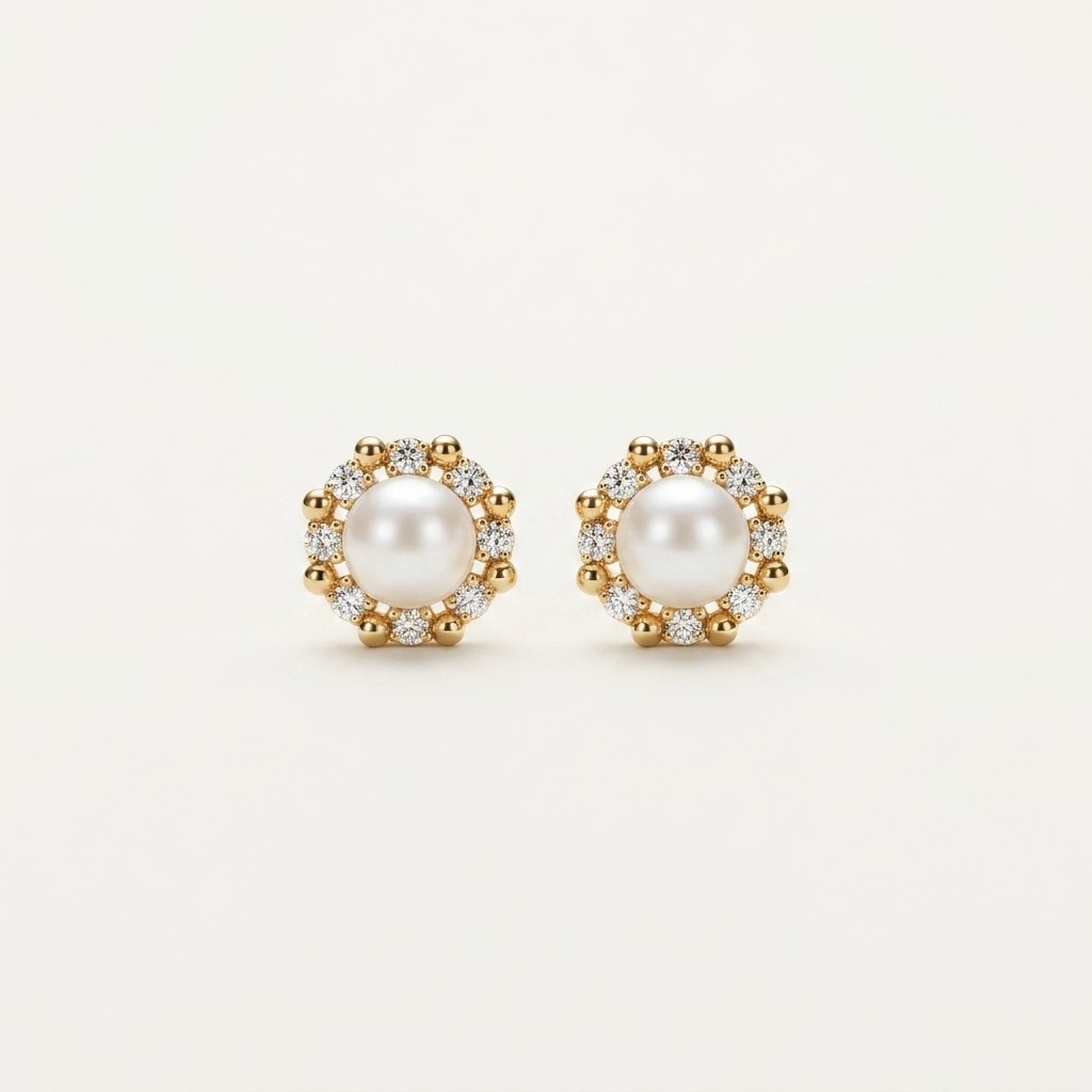 14K solid gold stone-set stud earrings on a warm ivory background