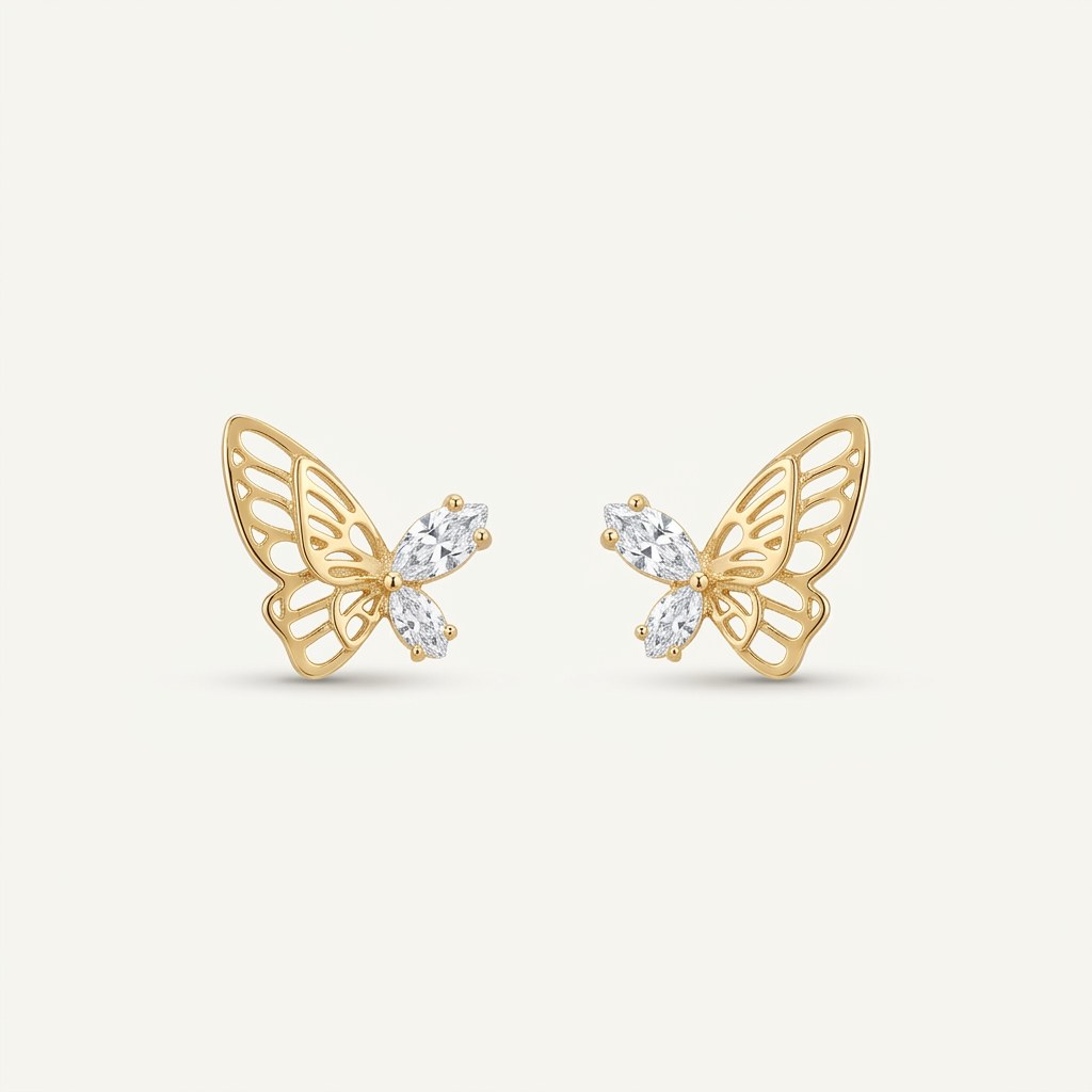 14K solid gold stone-set stud earrings on a warm ivory background
