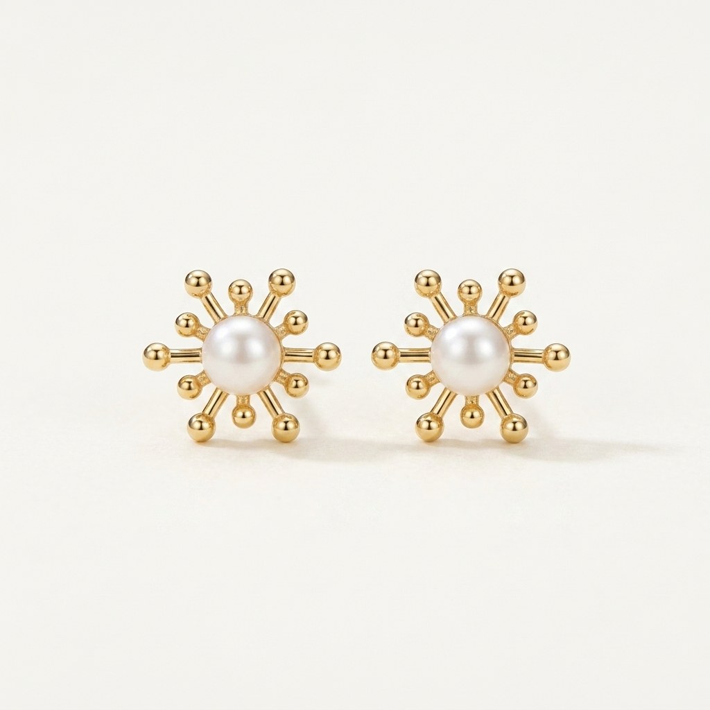 14K solid gold pearl sunburst stud earrings on a warm ivory background