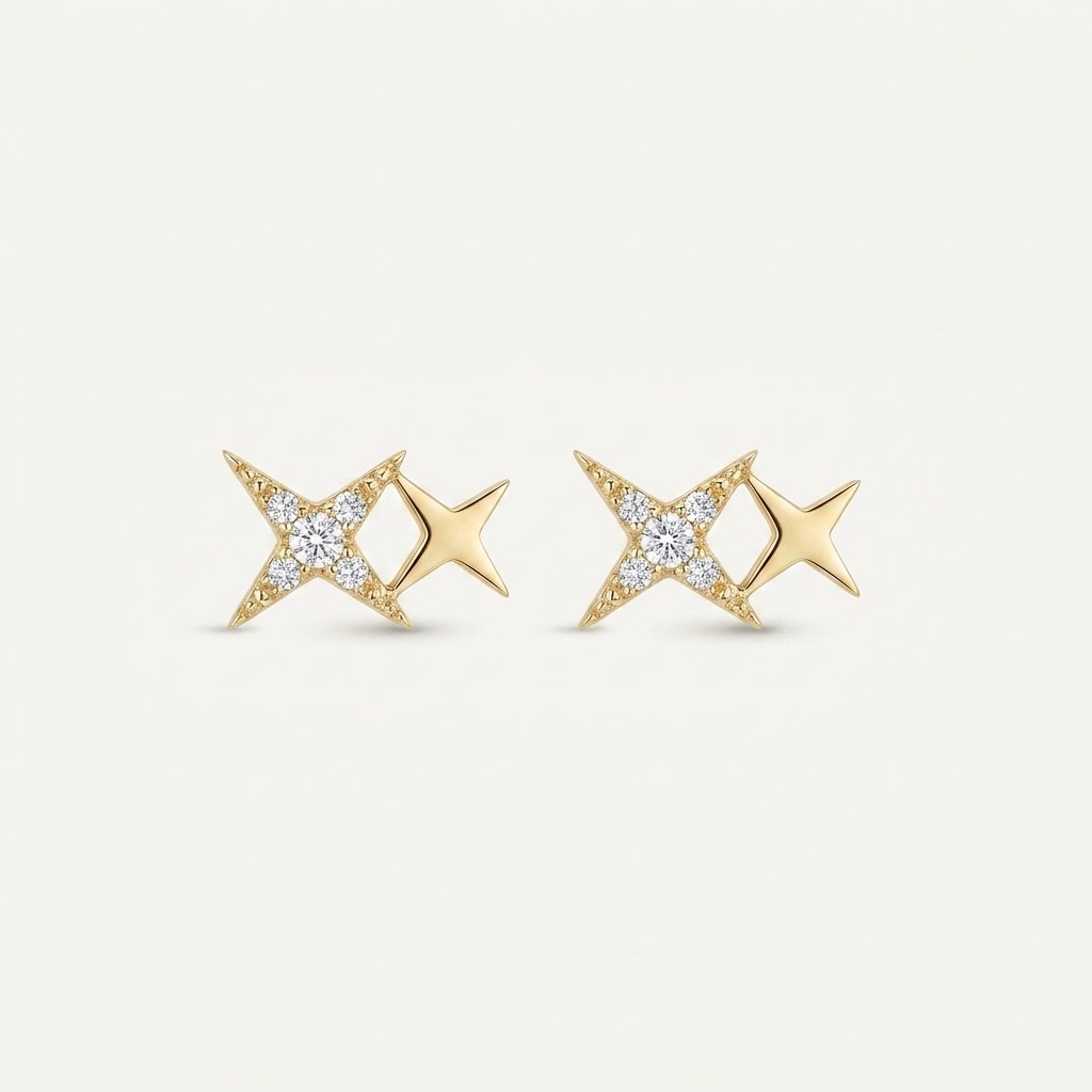 14K solid gold stone-set stud earrings on a warm ivory background