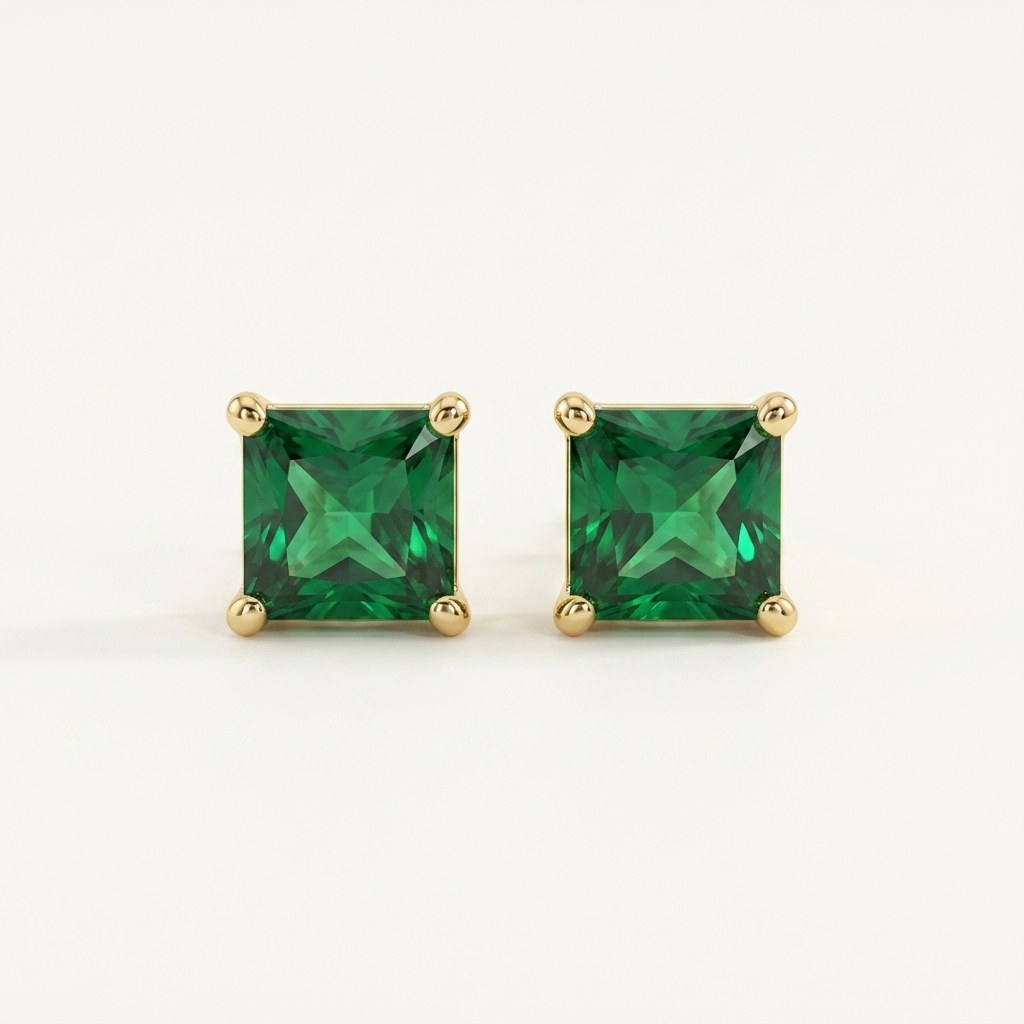 14K solid gold green princess cut stud earrings on a warm ivory background