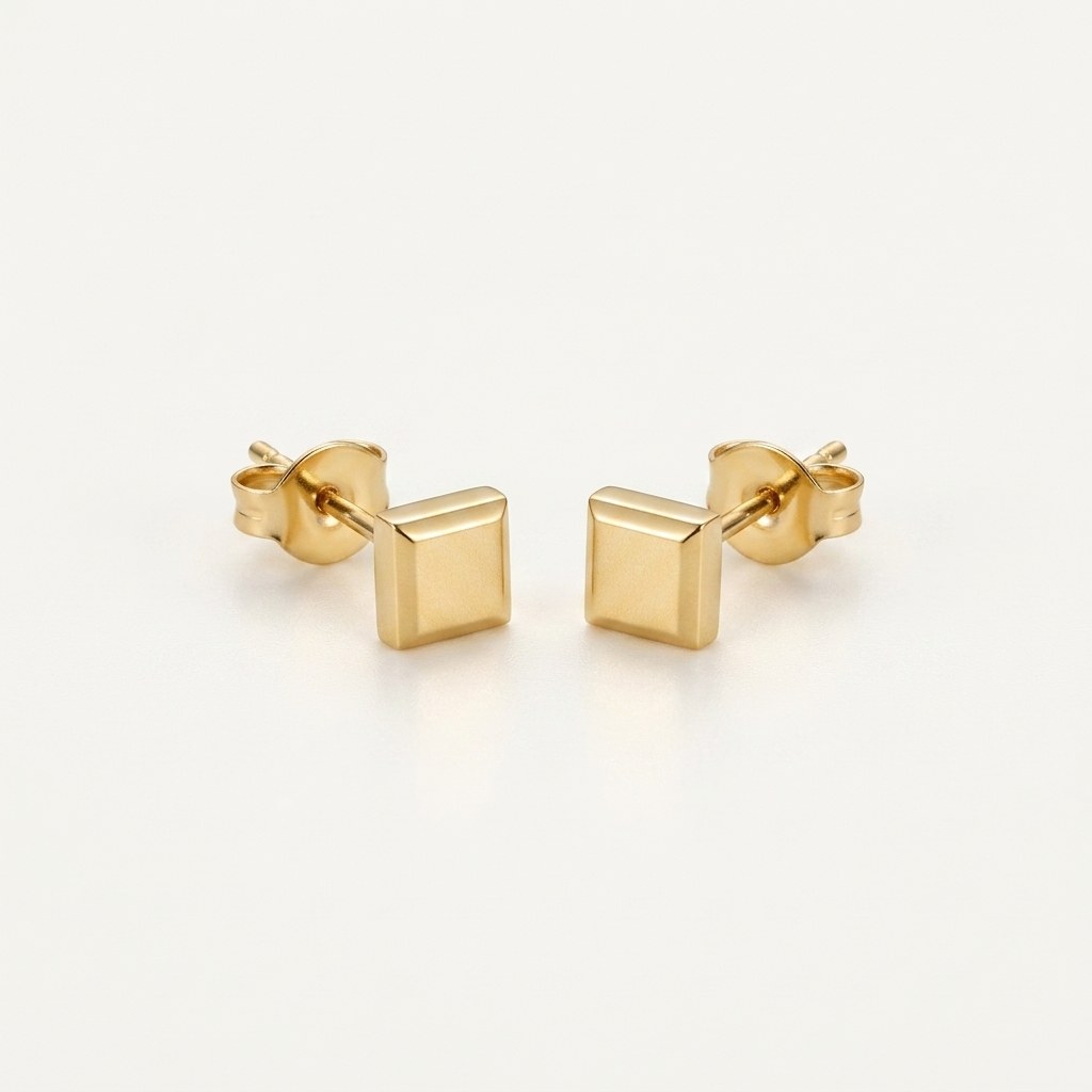 14K solid gold minimal square stud earrings on a warm ivory background