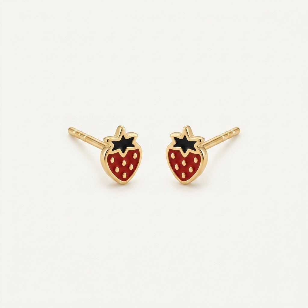 14K solid gold red strawberry stud earrings on a warm ivory background