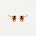 14K solid gold red strawberry stud earrings on a warm ivory background