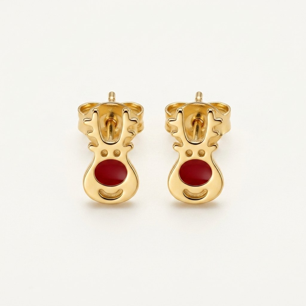 14K solid gold red teddy bear stud earrings on a warm ivory background