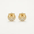 14K solid gold crescent crystal halo stud earrings on a warm ivory background