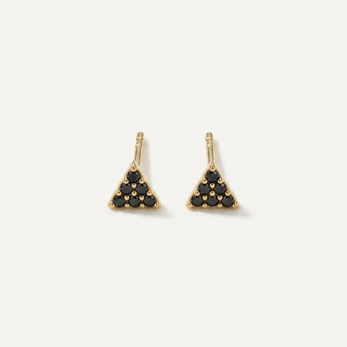 14K solid gold black pave triangle stud earrings on a warm ivory background
