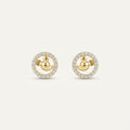 14K solid gold stone-set stud earrings on a warm ivory background