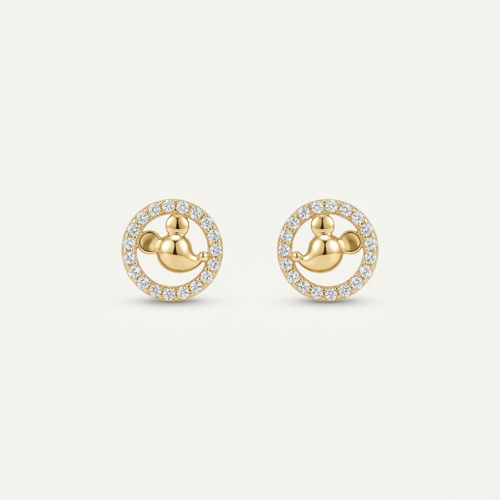 14K solid gold stone-set stud earrings on a warm ivory background