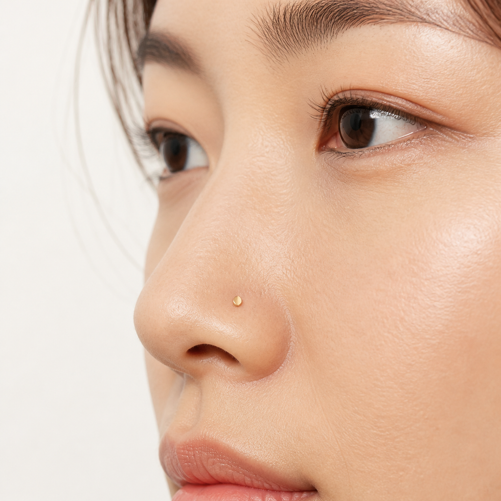 Solid Gold Disc Nose Stud worn on the nose