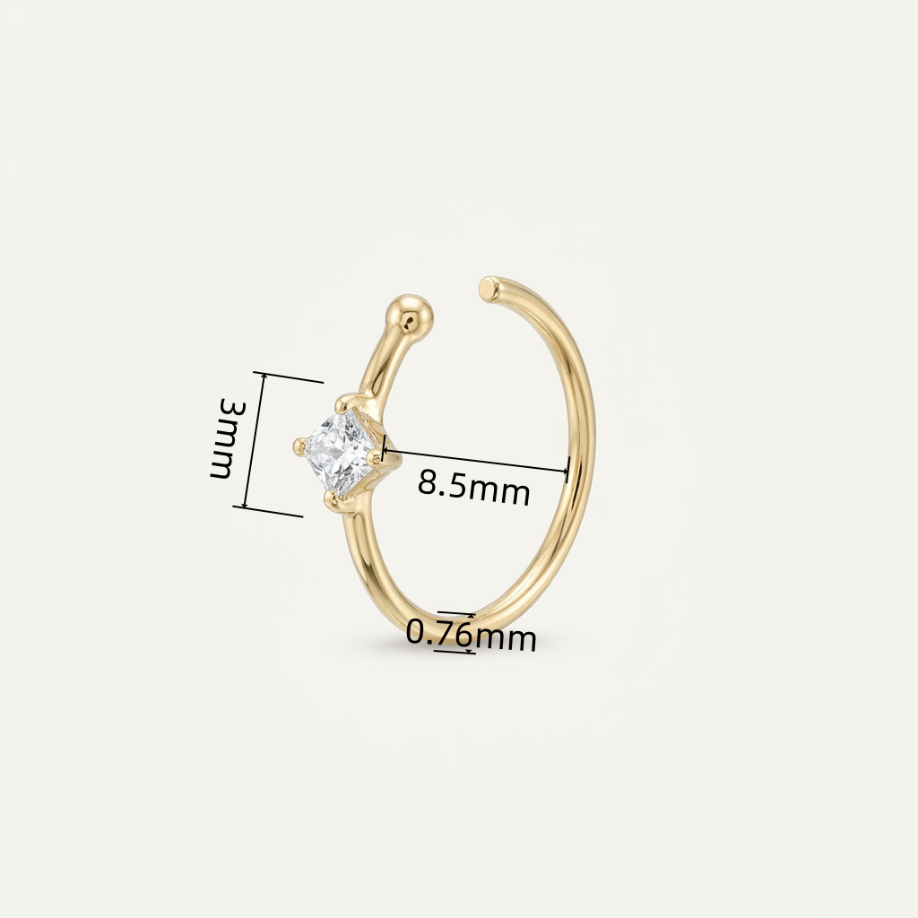 Solid Gold Square Gemstone Nose Hoop with verified dimensions