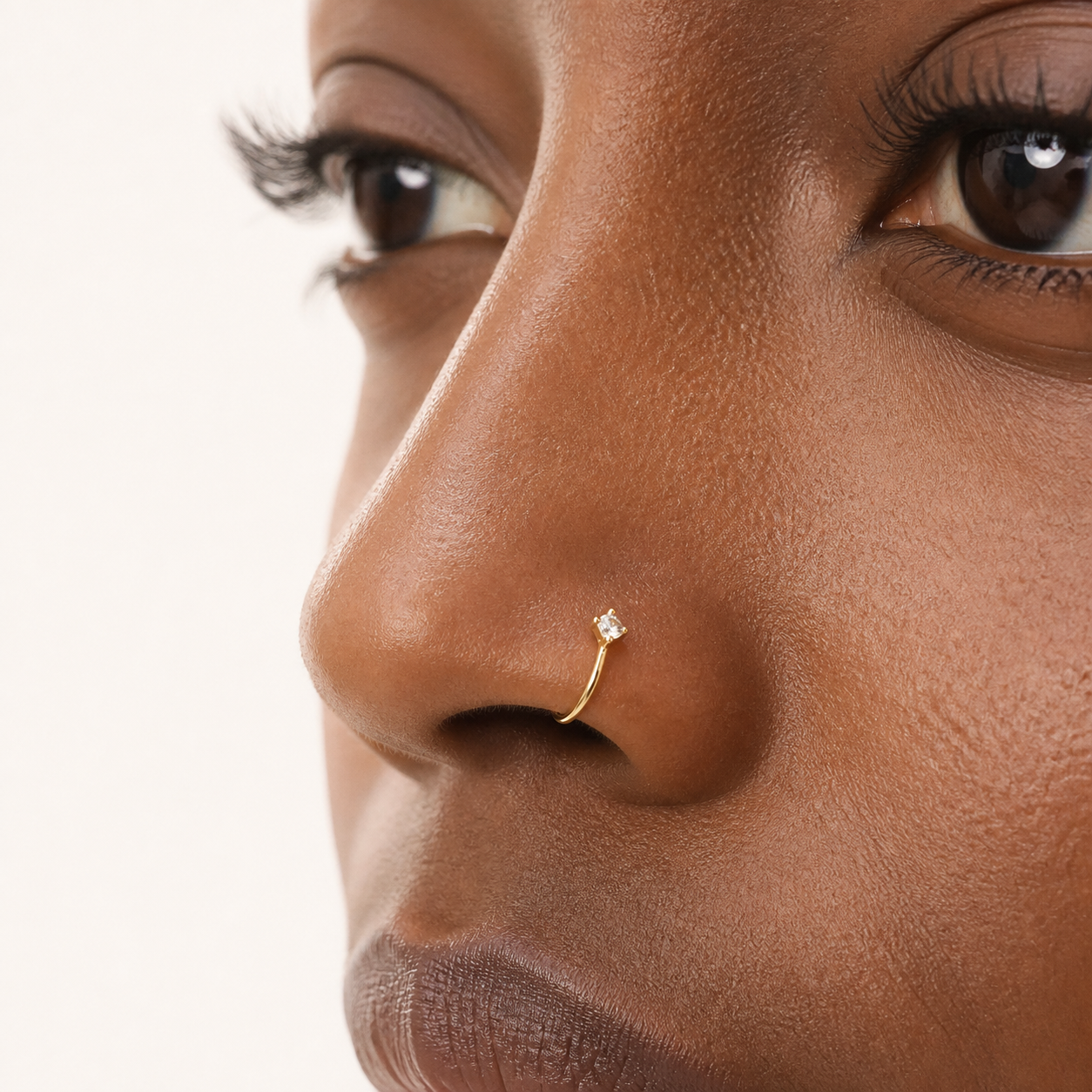 Solid Gold Square Gemstone Nose Hoop worn on the nose