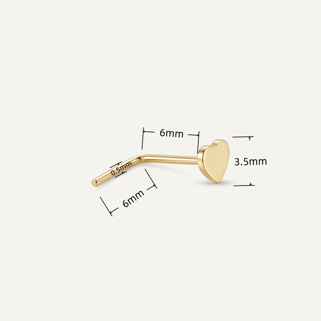 Solid Gold Heart Nose Stud with verified dimensions