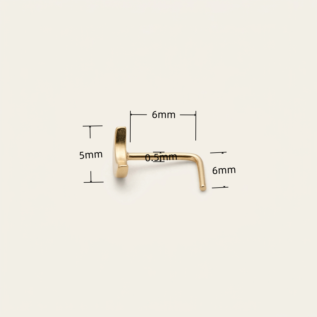 Solid Gold Crescent Moon Nose Stud with verified dimensions