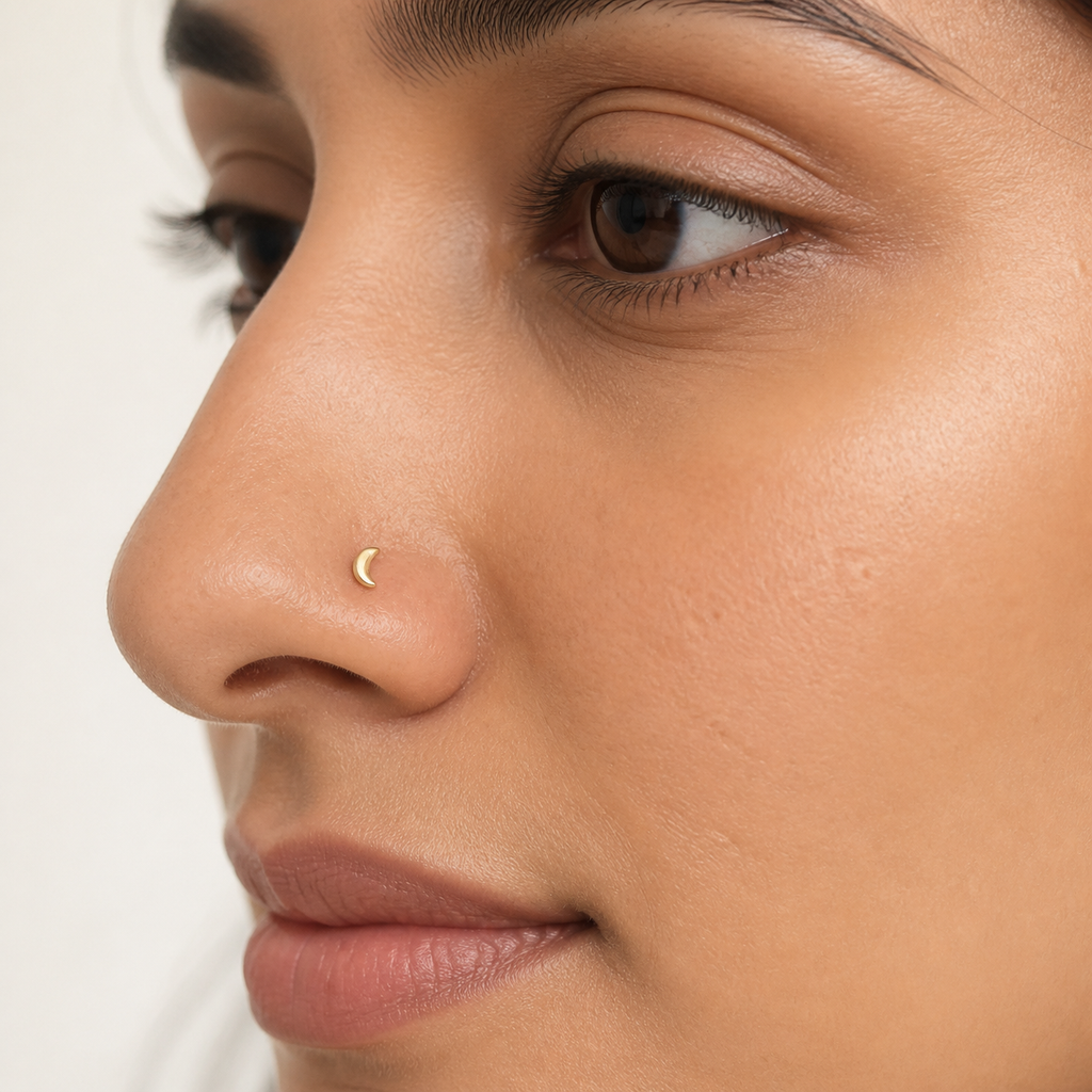 Solid Gold Crescent Moon Nose Stud worn on the nose